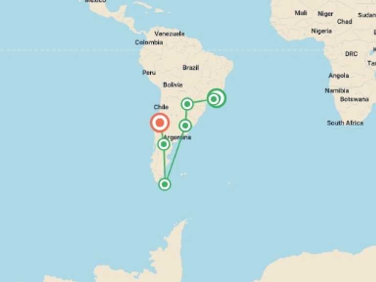 Map of Santiago Explorer Tour with 8 destination visits for the trip: RIO to SANTIAGO (59 days) Coast to Coast via Patag