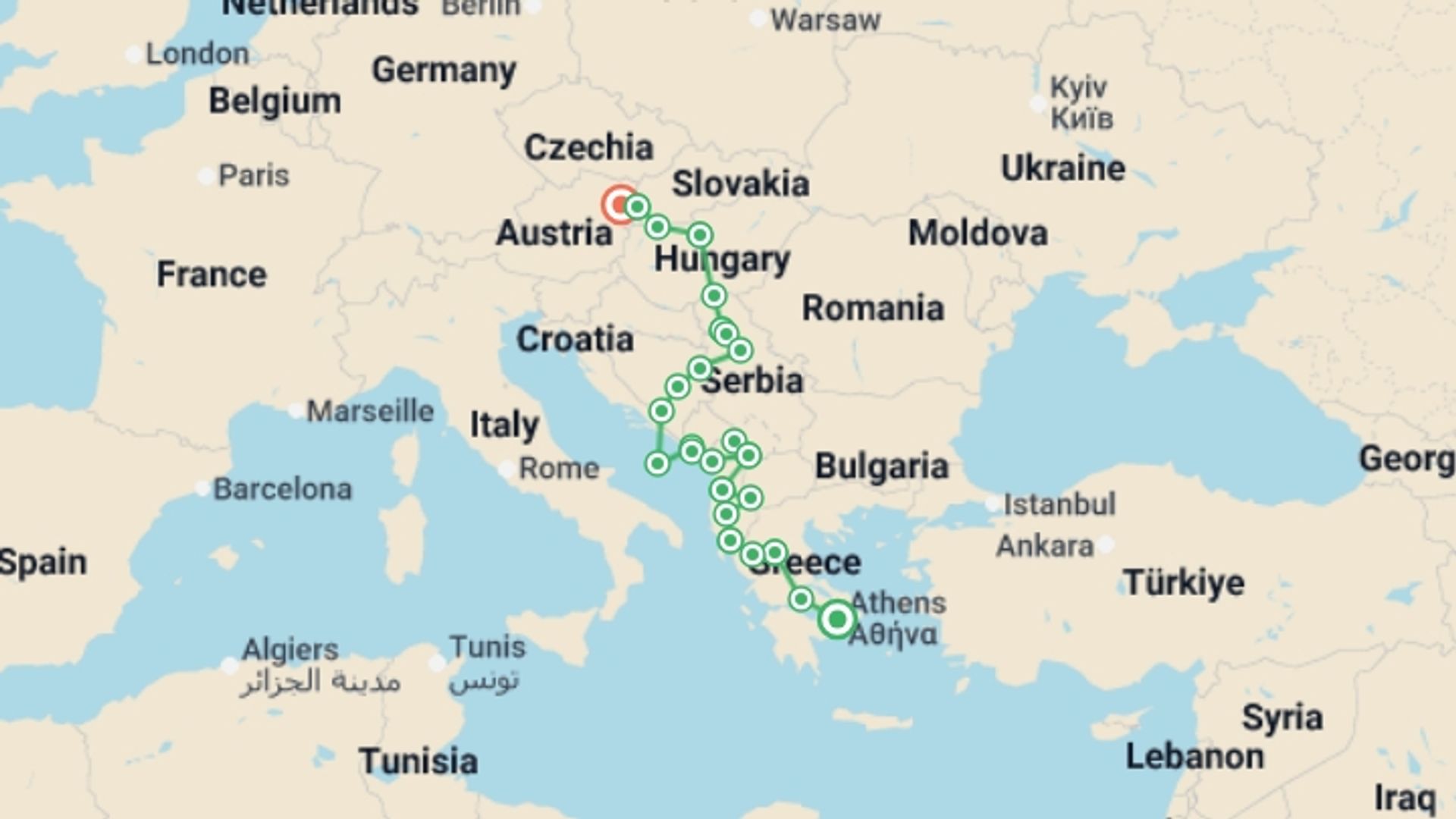 A map showing the tour itinerary for the trip: Athens to Austria - 21 days, starting in Athens, Greece and ending in Vienna, Austria going through 14 other destinations.