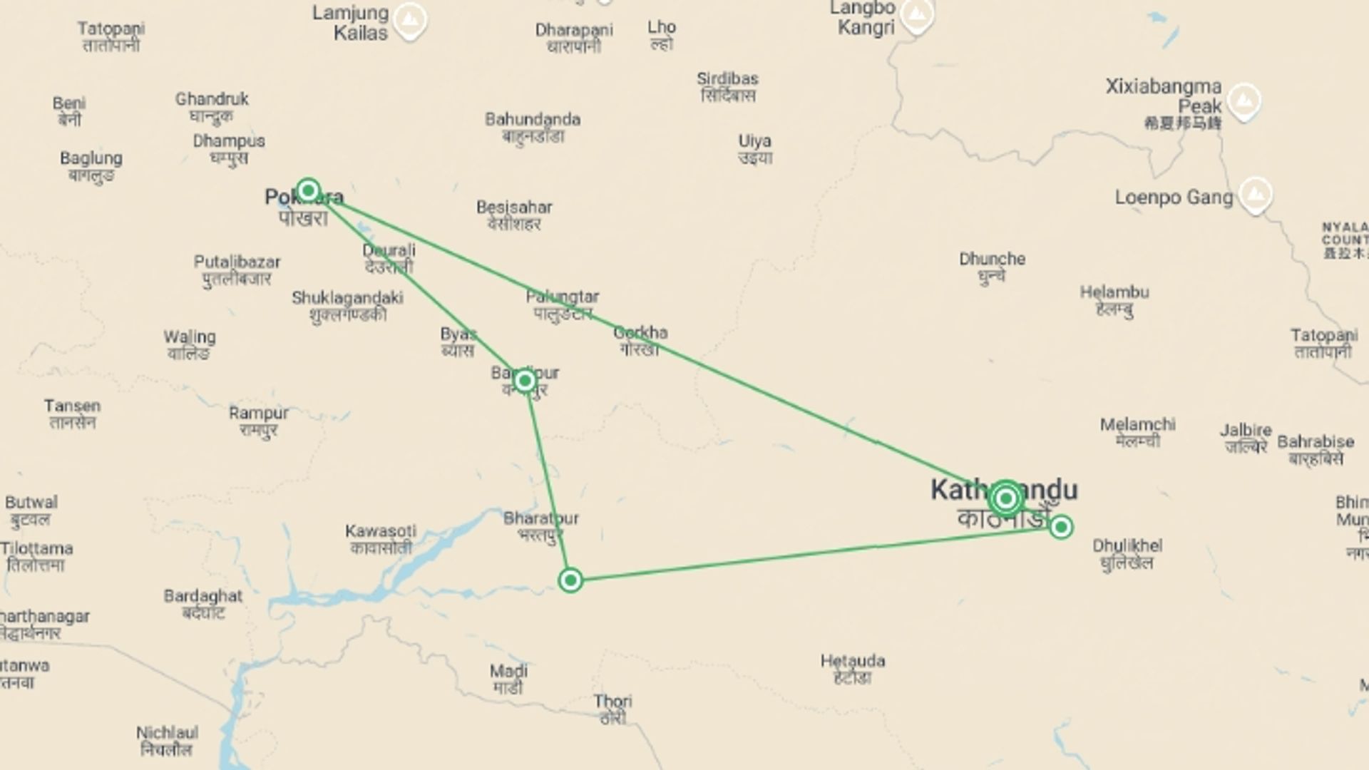 A map showing the tour itinerary for the trip: Classic Nepal, starting in Kathmandu, Nepal and ending in Kathmandu, Nepal going through 4 other destinations.