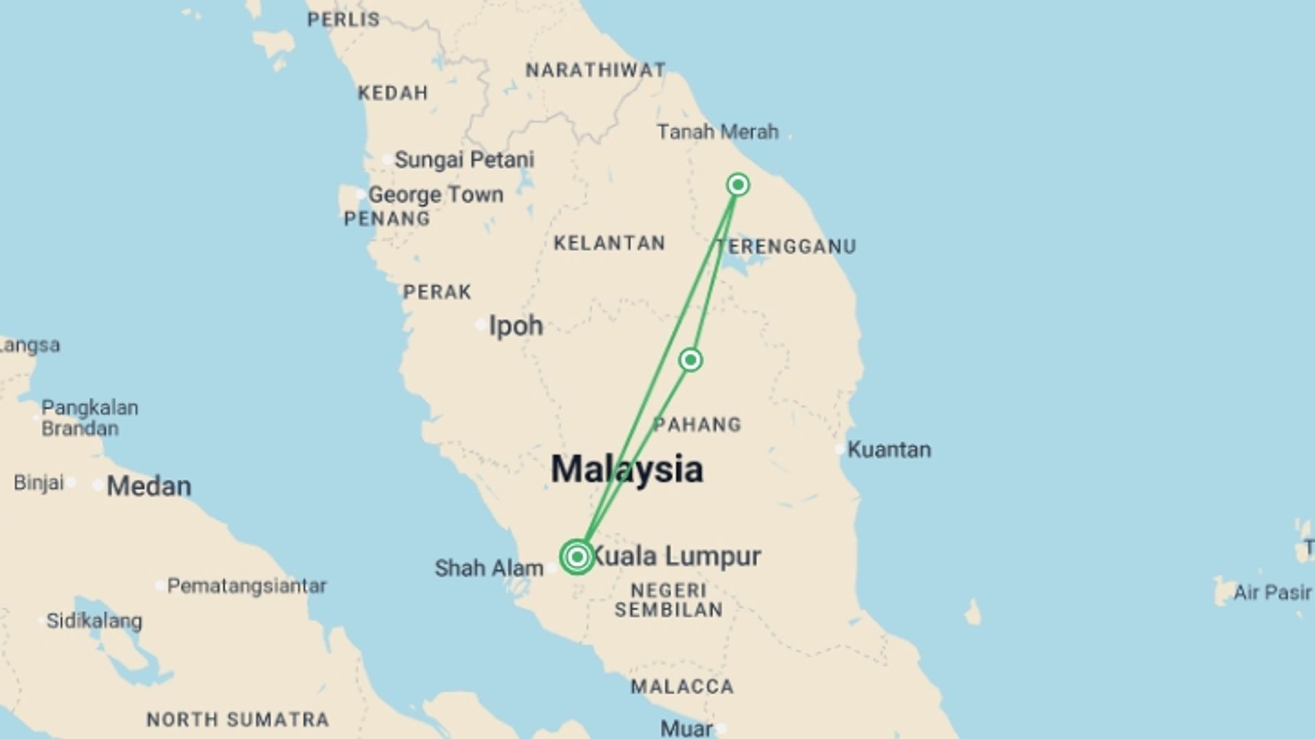 A map showing the tour itinerary for the trip: Wild Taman Negara Discovery - 4 days, starting in Kuala Lumpur, Malaysia and ending in Kuala Lumpur, Malaysia going through 2 other destinations.