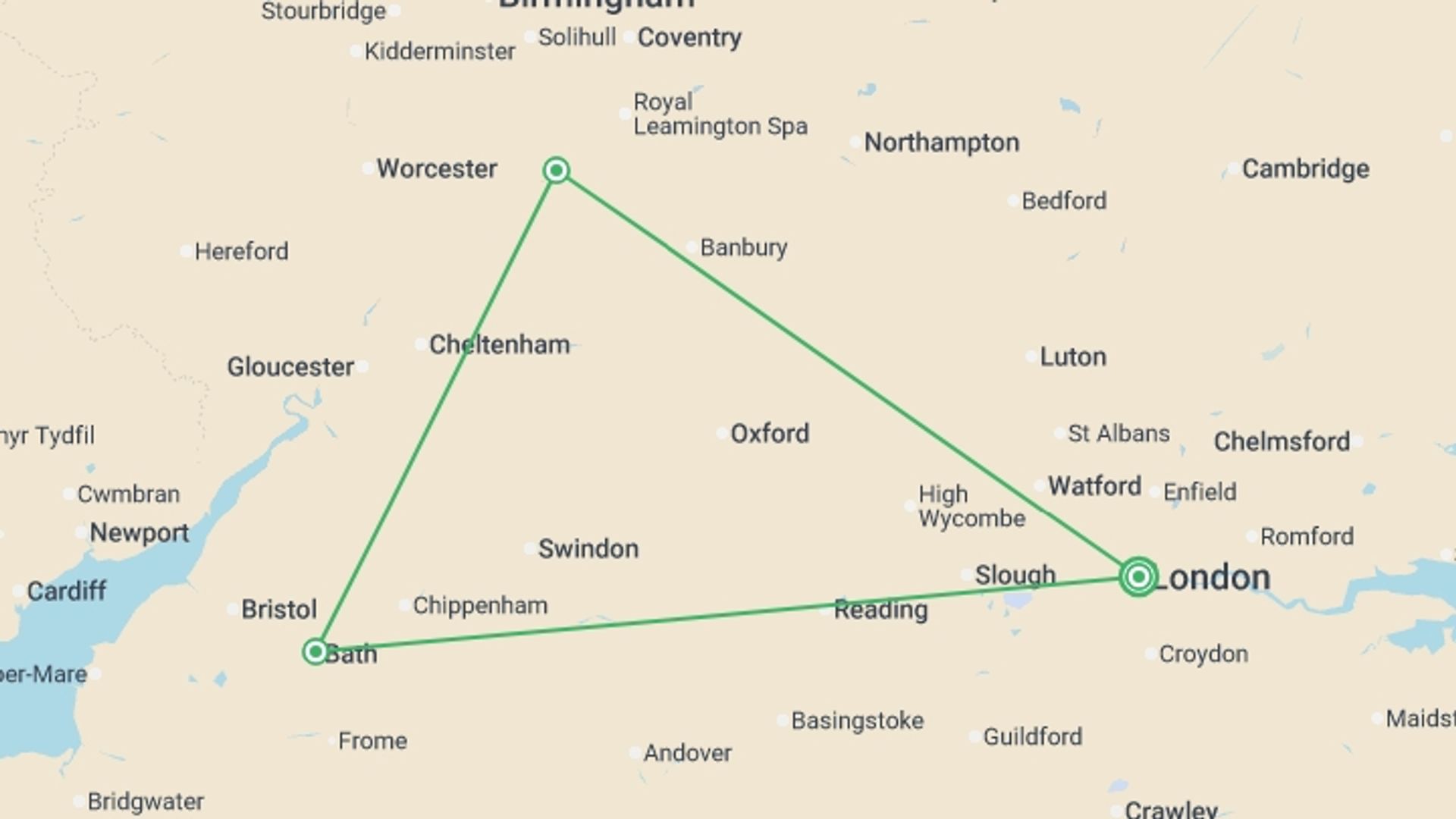 A map showing the tour itinerary for the trip: Heart of England, starting in London, England and ending in London, England going through 2 other destinations.