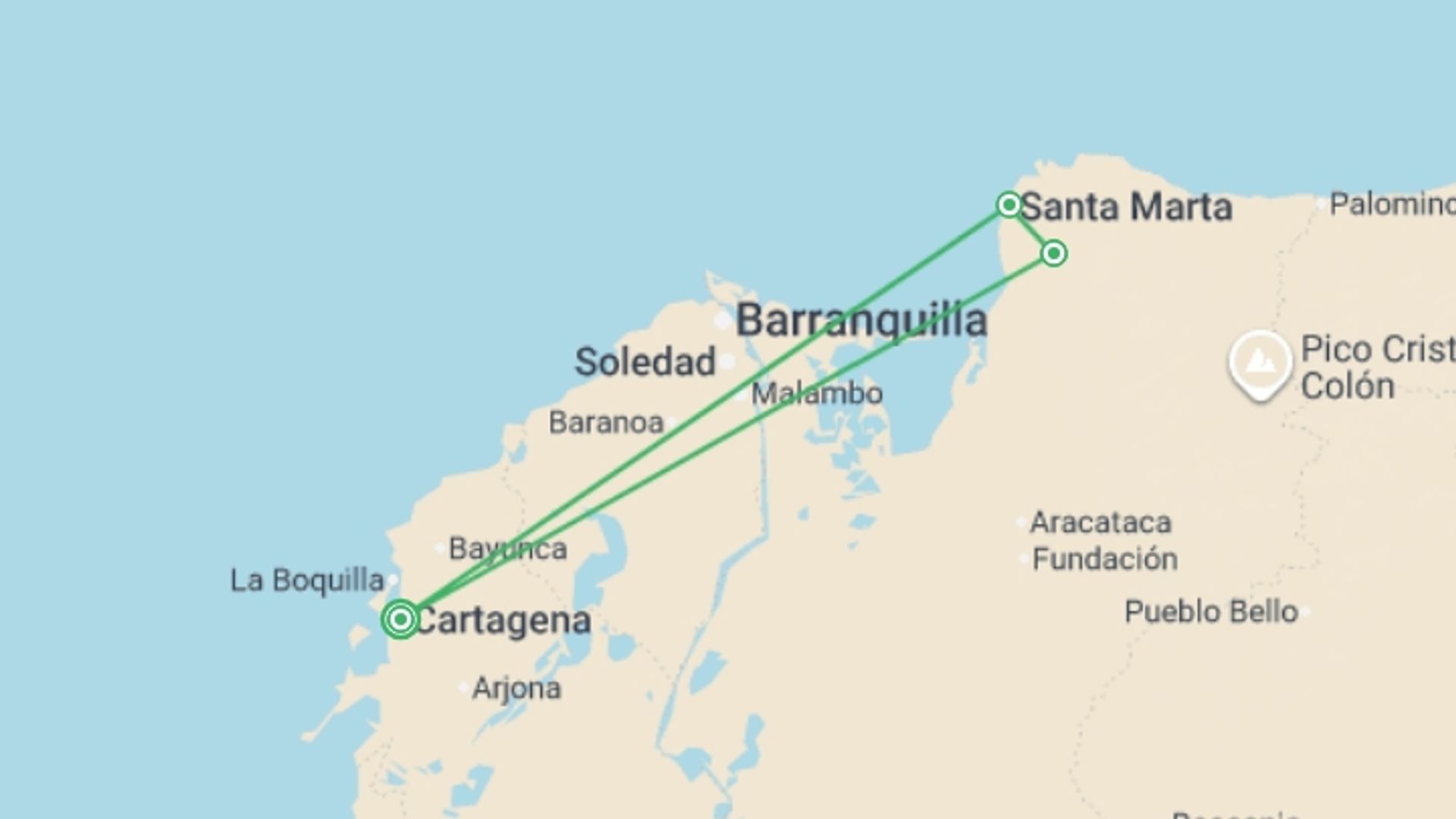 A map showing the tour itinerary for the trip: One Week in Colombia, starting in Cartagena, Colombia and ending in Cartagena, Colombia going through 2 other destinations.