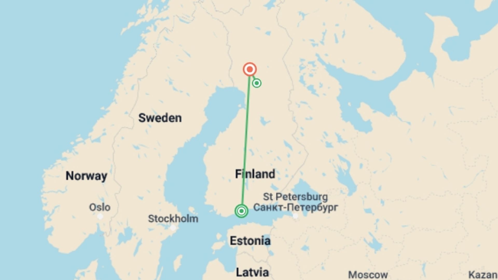 A map showing the tour itinerary for the trip: Aurora Borealis Glass Igloo, starting in Helsinki, Finland and ending in Rovaniemi, Finland going through 1 other destinations.