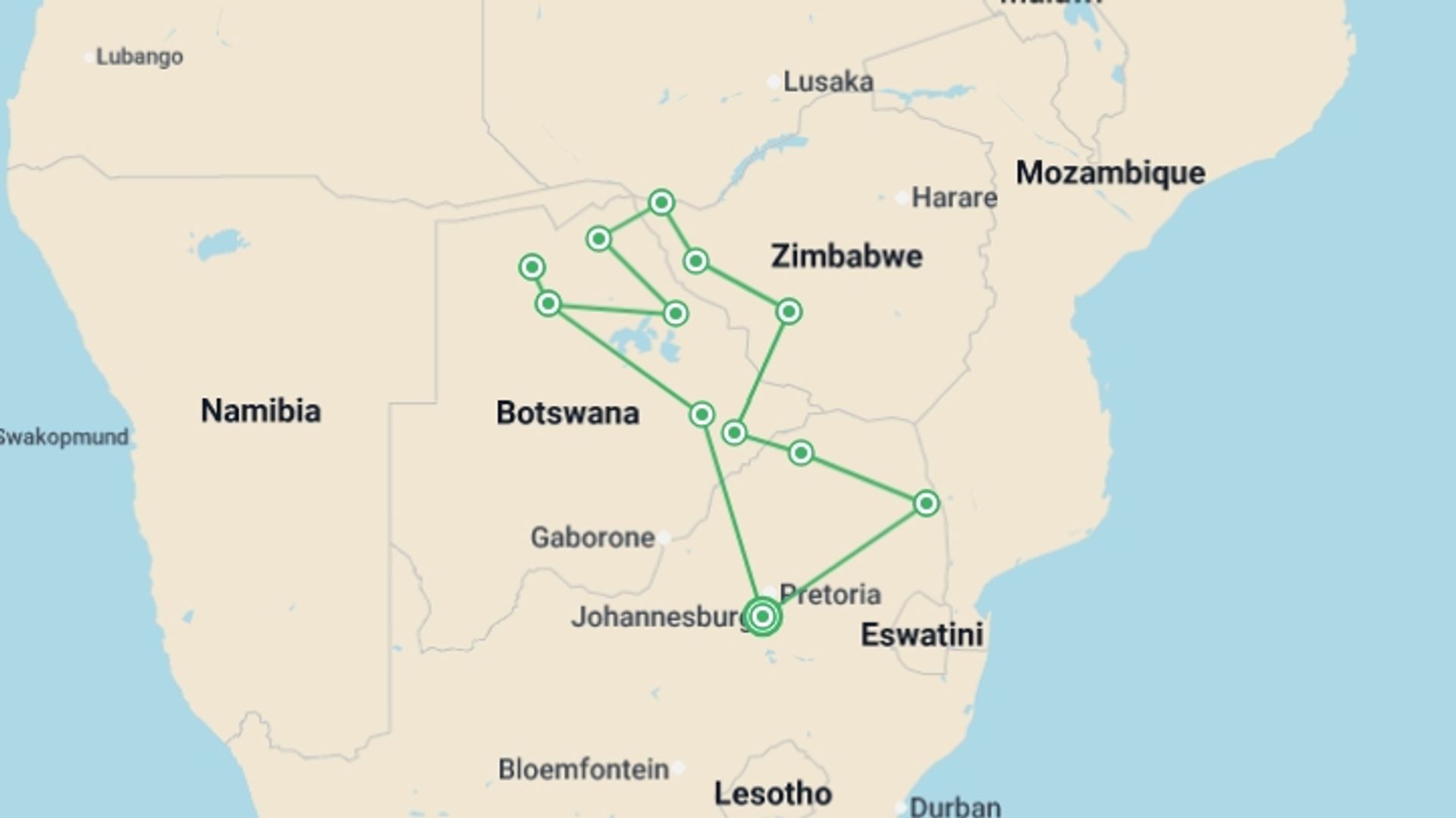A map showing the tour itinerary for the trip: Explore Southern Africa, starting in Johannesburg, South Africa and ending in Johannesburg, South Africa going through 11 other destinations.