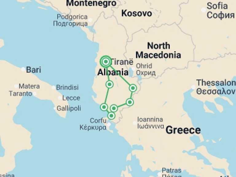 Map itinerary of Europe Tour in April 2027 with 7 destination visits for the trip: Cycle Albania