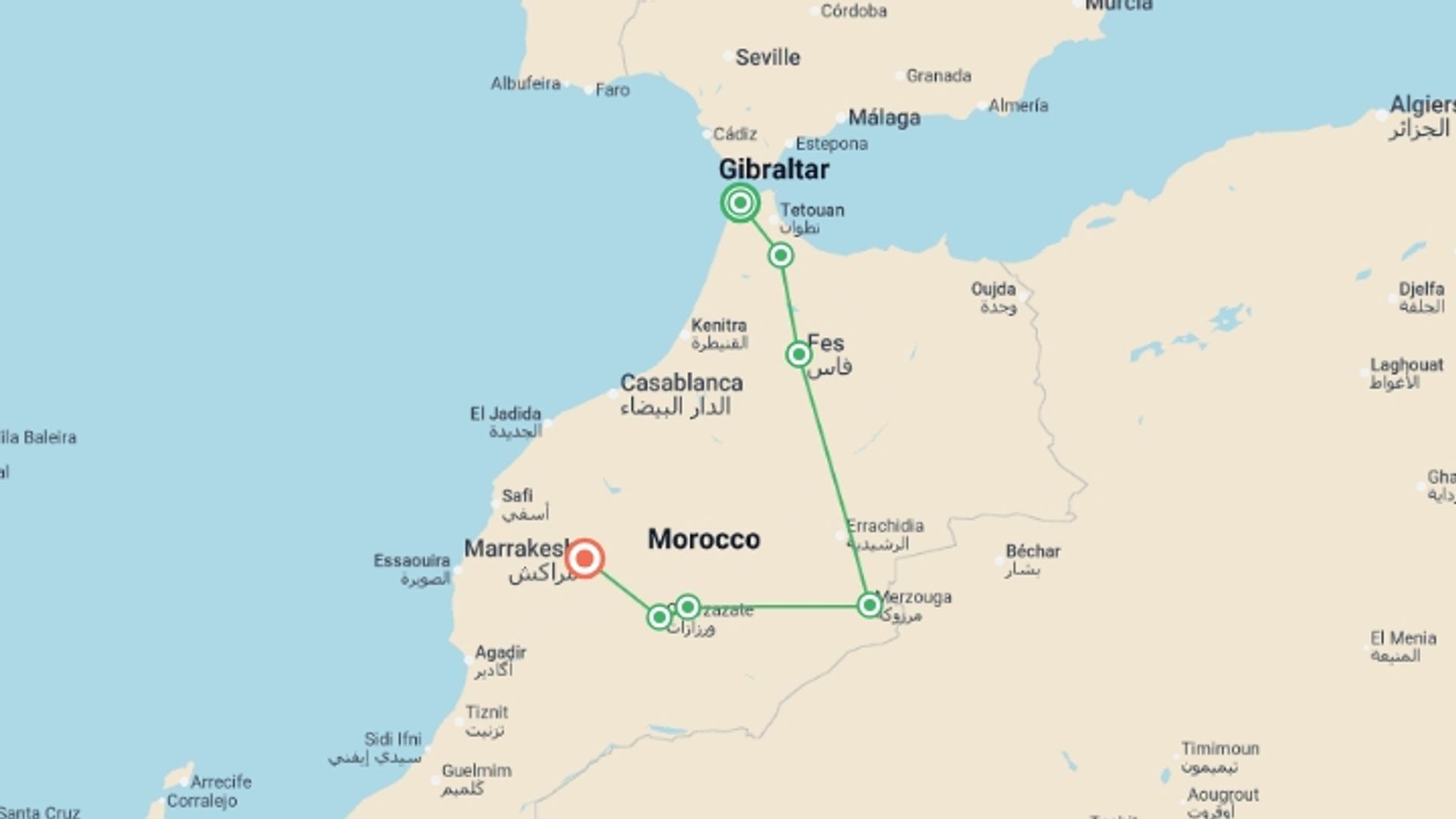 A map showing the tour itinerary for the trip: Tangier to Marrakech - 8 days, starting in Tangier, Morocco and ending in Marrakech, Morocco going through 4 other destinations.
