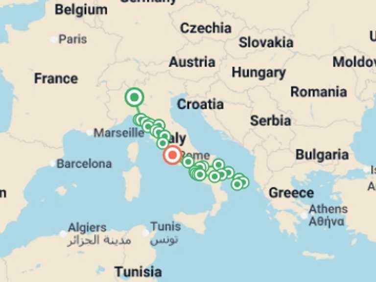 Map of Milan City sightseeing Tour with 8 destination visits for the trip: Milan to Rome, Puglia & Amalfi - 13 days