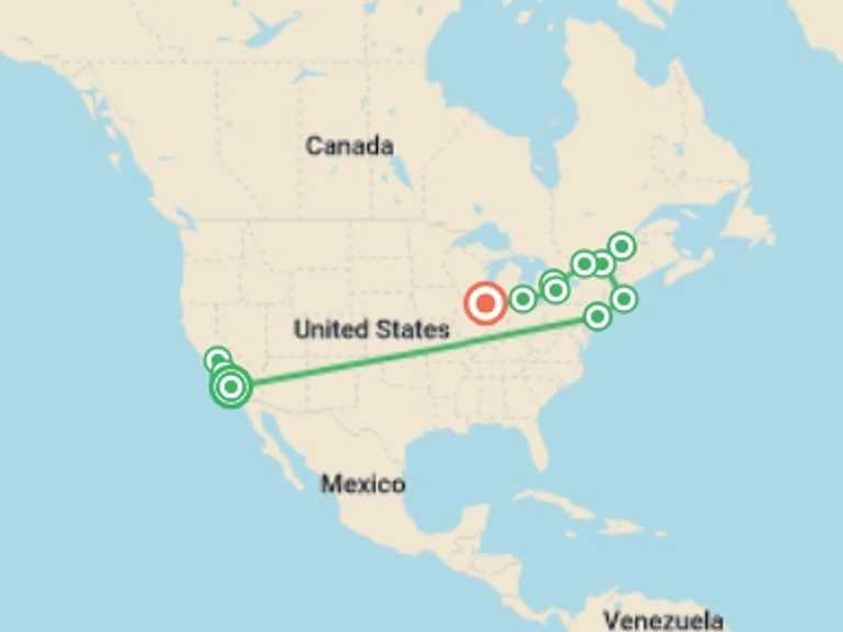 Map of North America Tour with 12 destination visits for the trip: Usa and Canada Panorama with Chicago