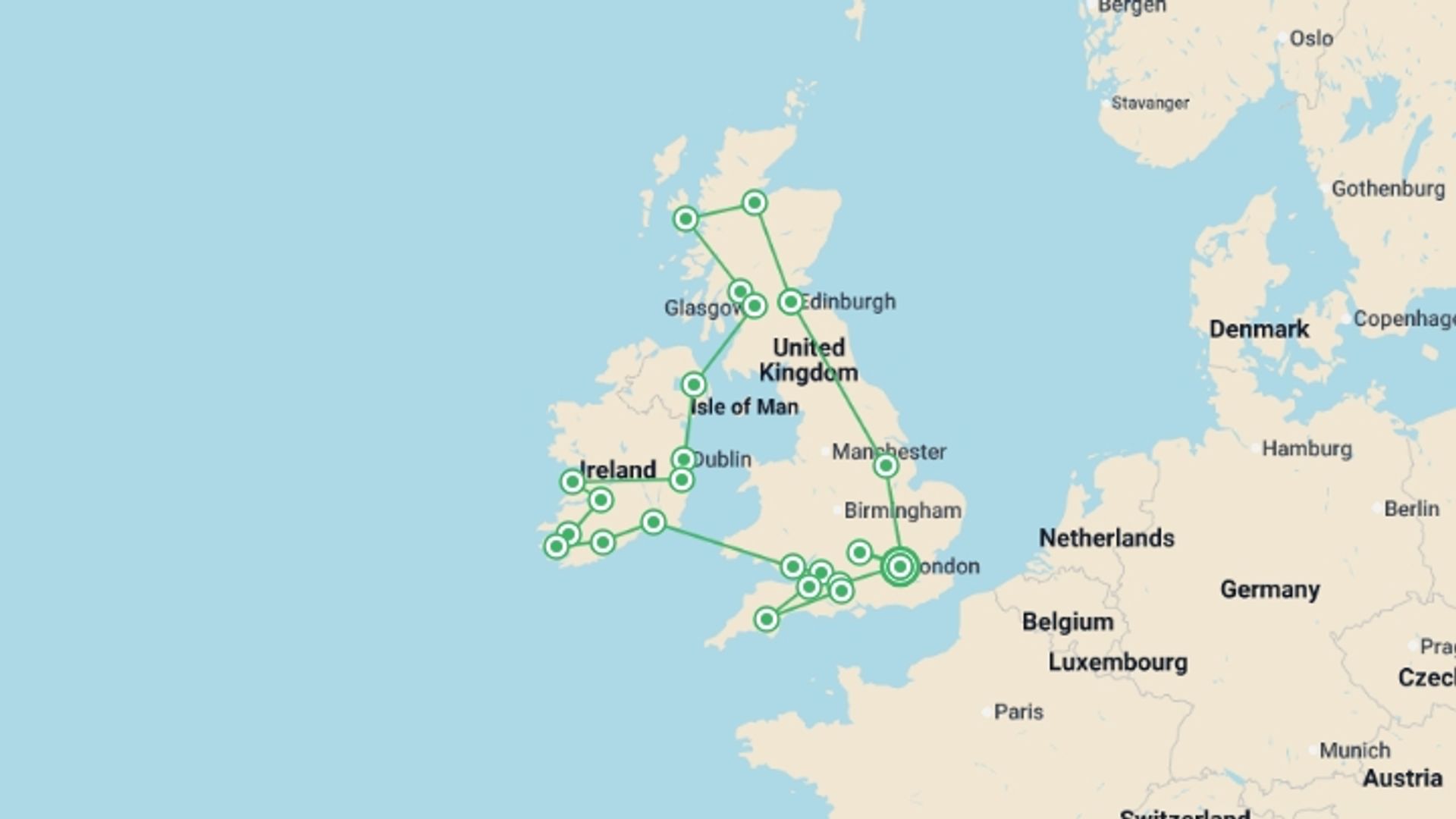 A map showing the tour itinerary for the trip: Romantic Britain and Ireland - Premium, starting in London, England and ending in London, England going through 0 other destinations.