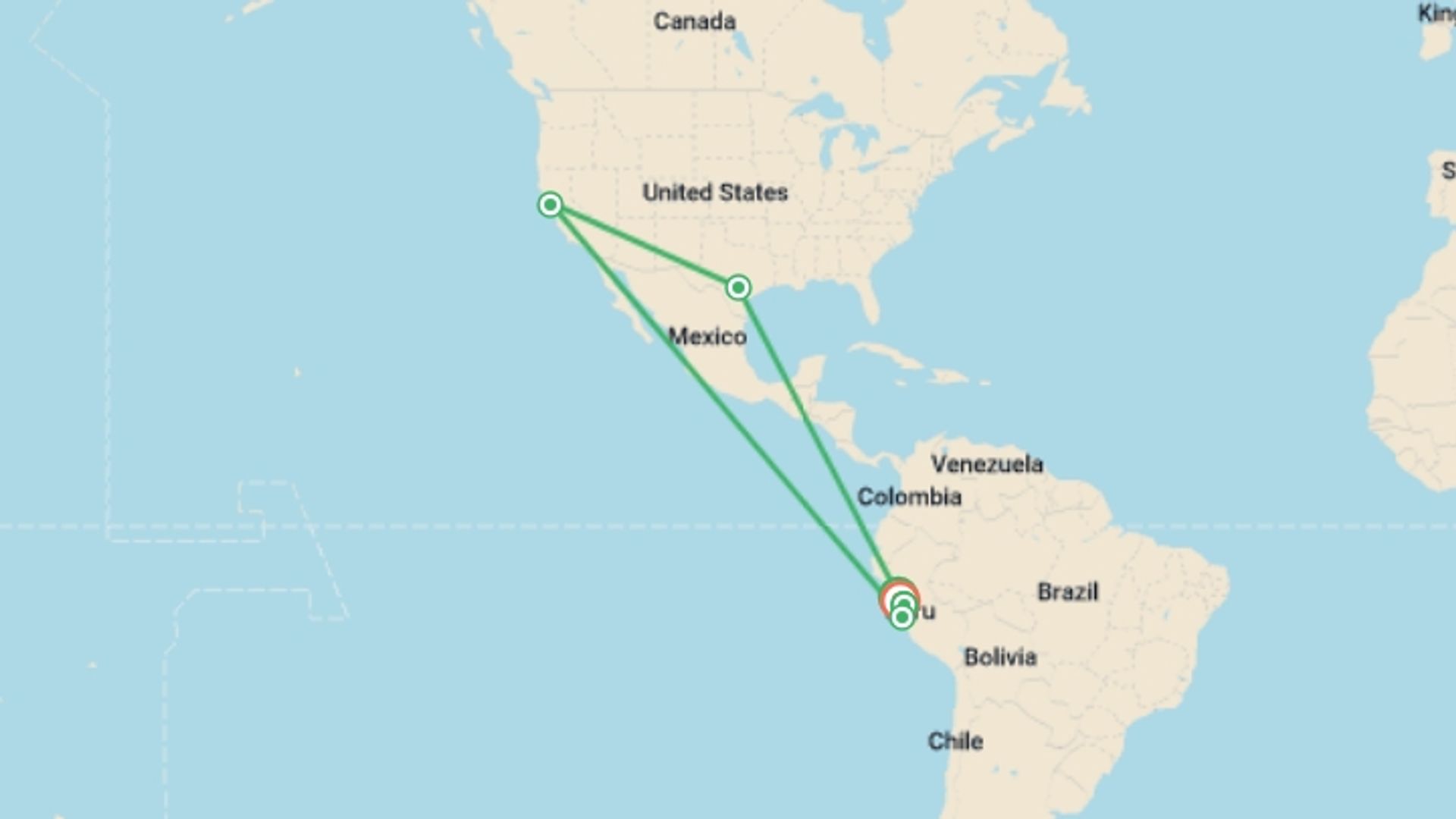 A map showing the tour itinerary for the trip: Cordillera Huayhuash Trekking Peru, starting in Cordillera Blanca and Cordillera Huayhuash, Peru and ending in Huaraz, Peru going through 6 other destinations.