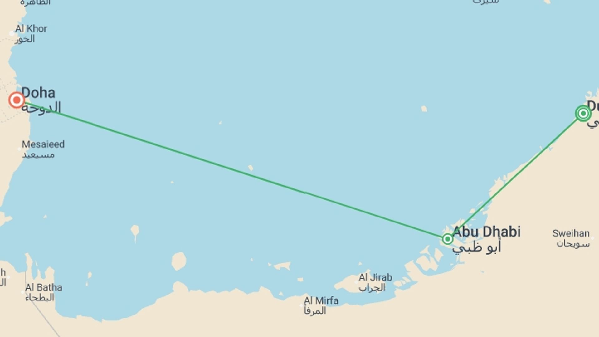 A map showing the tour itinerary for the trip: Discover Dubai Abu Dhabi and Qatar, starting in Dubai, UAE and ending in Doha, Qatar going through 1 other destinations.