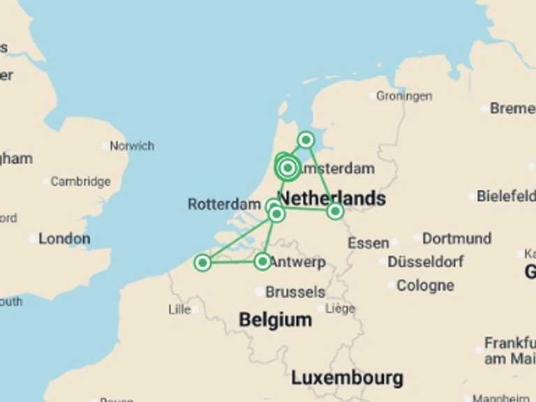 Map of Holland Tour with 8 destination visits for the trip: Tulips & Windmills (2027)