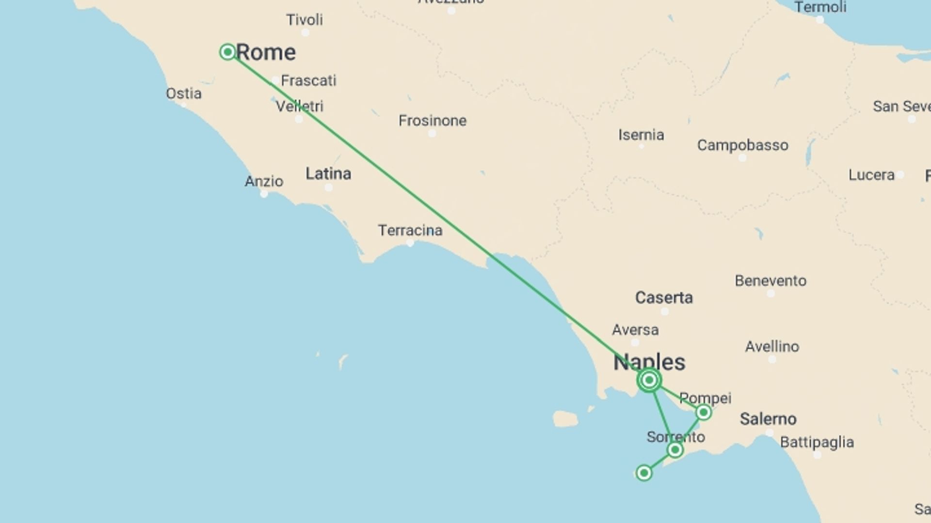 A map showing the tour itinerary for the trip: Naples Escape & Sorrento (on Request), starting in Naples, Italy and ending in Naples, Italy going through 2 other destinations.