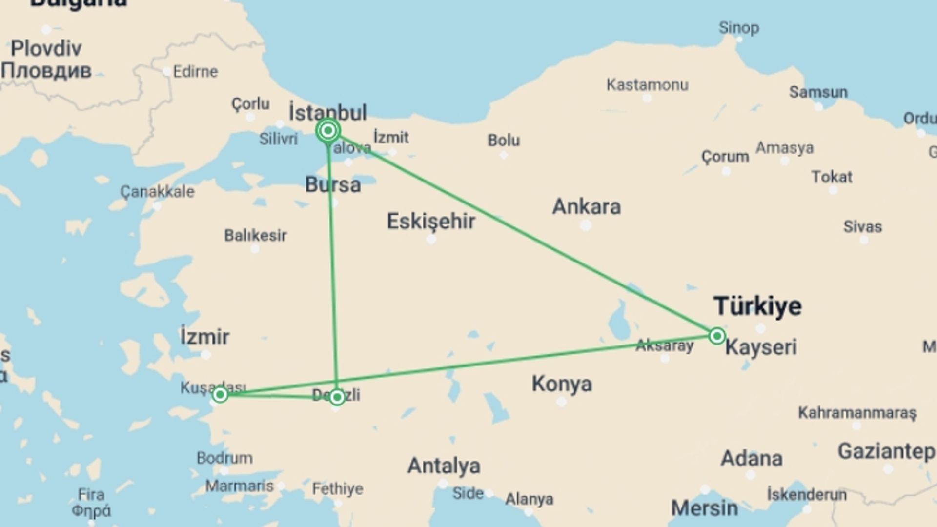 A map showing the tour itinerary for the trip: Most Popular Destinations of Turkey: 7 Days, starting in Istanbul, Turkey and ending in Istanbul, Turkey going through 3 other destinations.