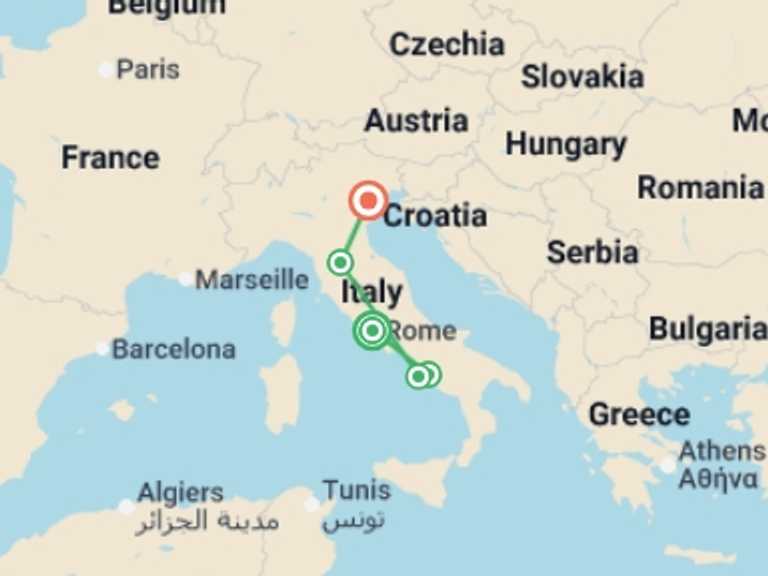 Map itinerary of Mediterranean Tour in October 2026 with 5 destination visits for the trip: Italian Concerto