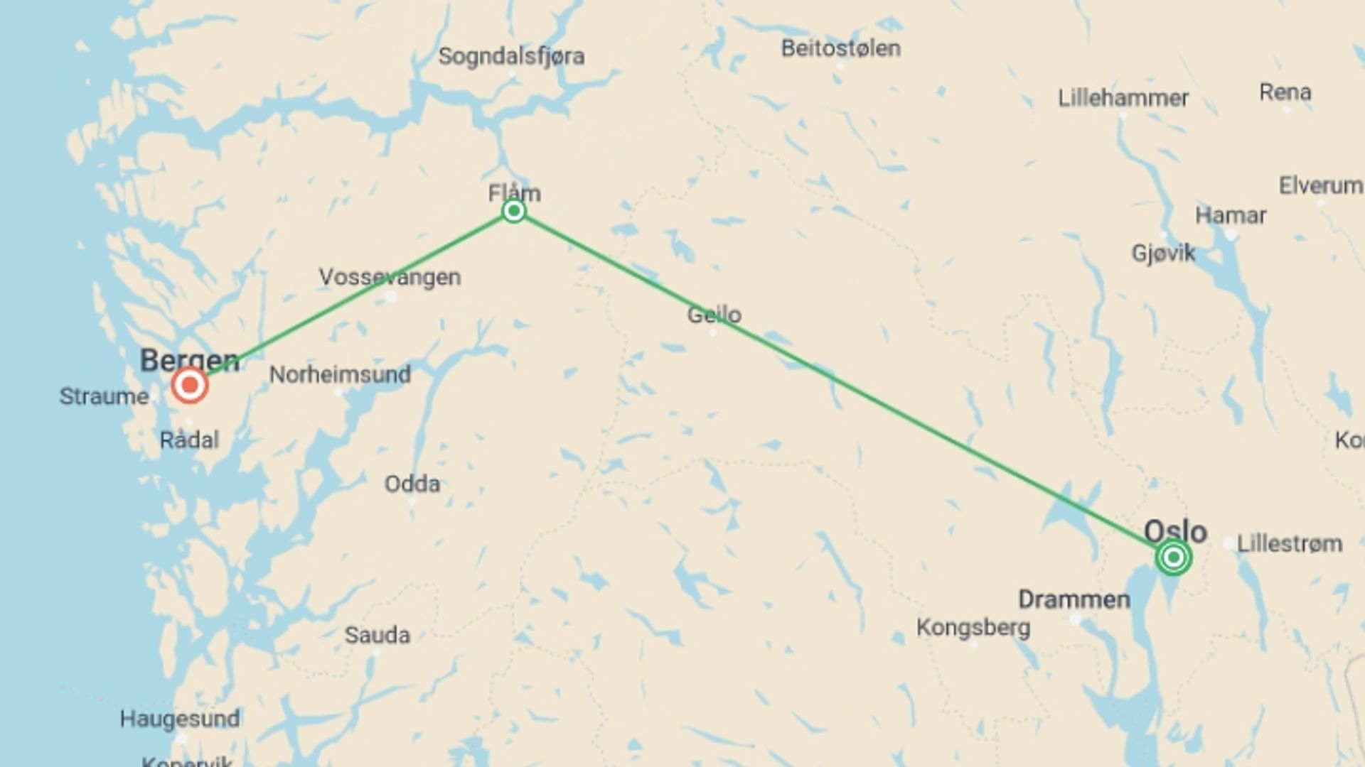 A map showing the tour itinerary for the trip: Vision of Norwegian Fjords in Winter, starting in Oslo, Norway and ending in Bergen, Norway going through 1 other destinations.