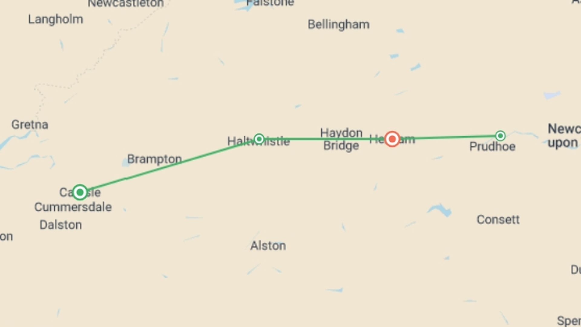 A map showing the tour itinerary for the trip: Walk Hadrian's Wall Highlights, starting in Carlisle, England and ending in Hexham, England going through 2 other destinations.