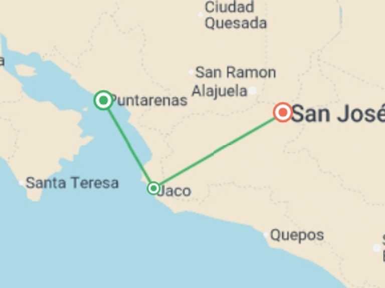 Map of Costa Rica Tour with 3 destination visits for the trip: Jaco Beach, Short Break
