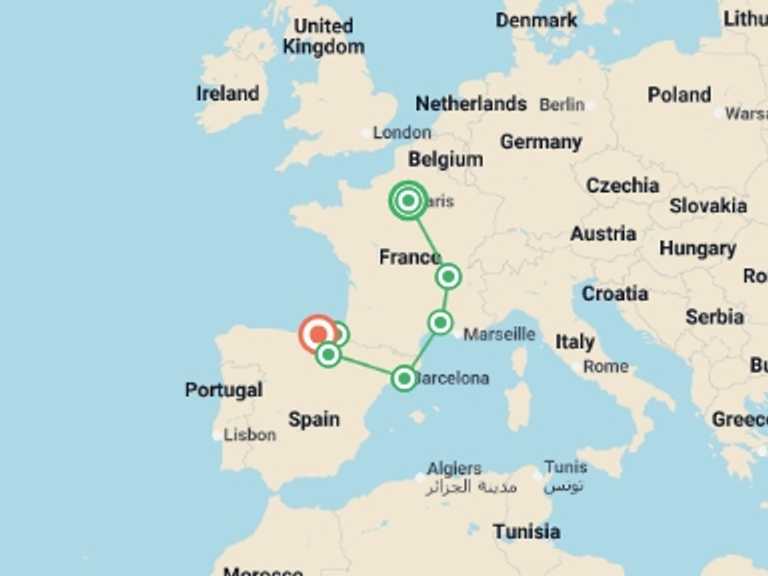 Map of France and Spain Tour with 7 destination visits for the trip: France & Spain Encompassed