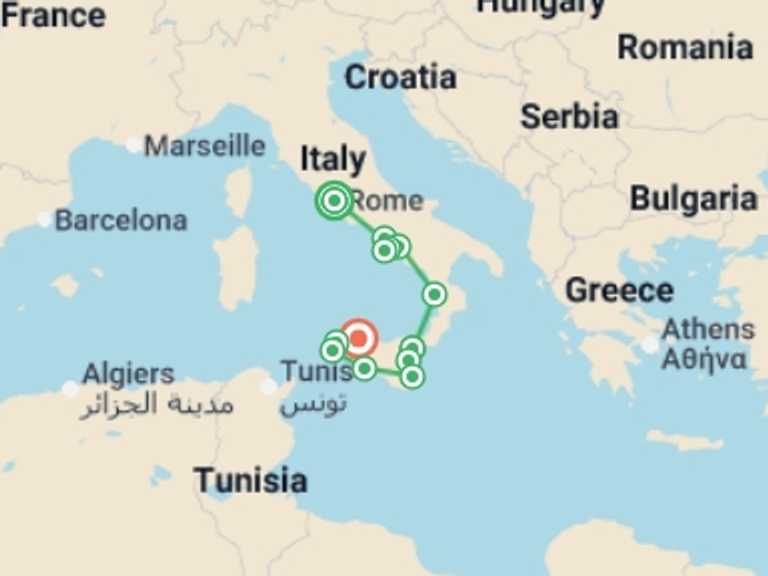 Map itinerary of Europe Tour in June 2026 with 5 destination visits for the trip: Sicily and Southern Italy  Ending in Palermo with Rome