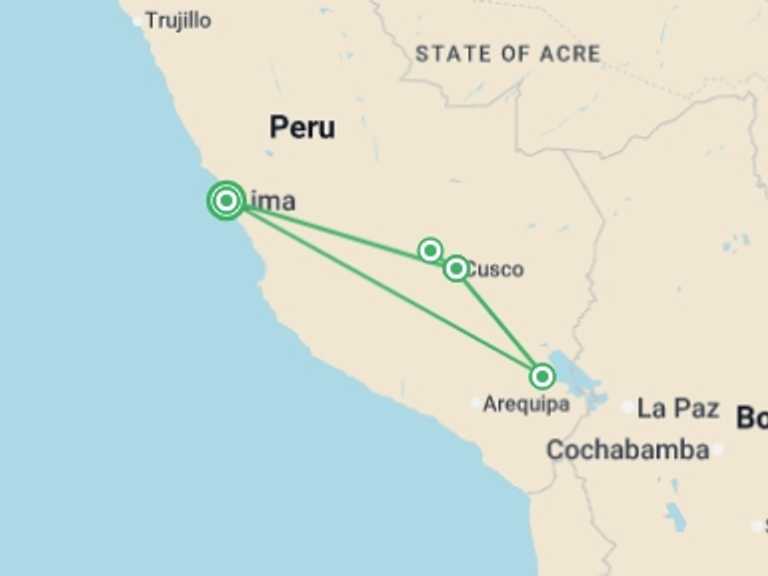 Map itinerary of Peru Tour in August 2026 with 3 destination visits for the trip: Peruvian Adventure