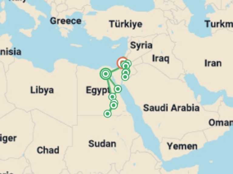 Map itinerary of Middle East Tour in February 2027 with 12 destination visits for the trip: Budget Felucca Explorer, Jordan & Israel - 18 days