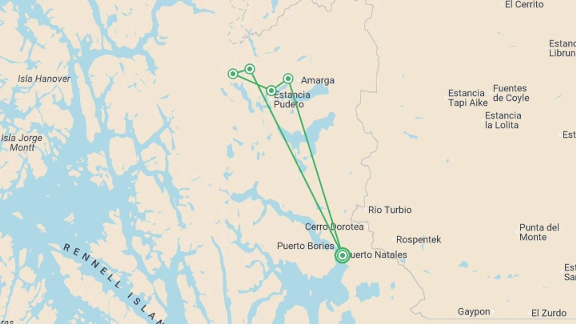 A map showing the tour itinerary for the trip: Torres del Paine Guided O Trek 8D/7N, starting in Puerto Natales, Chile and ending in Puerto Natales, Chile going through 5 other destinations.