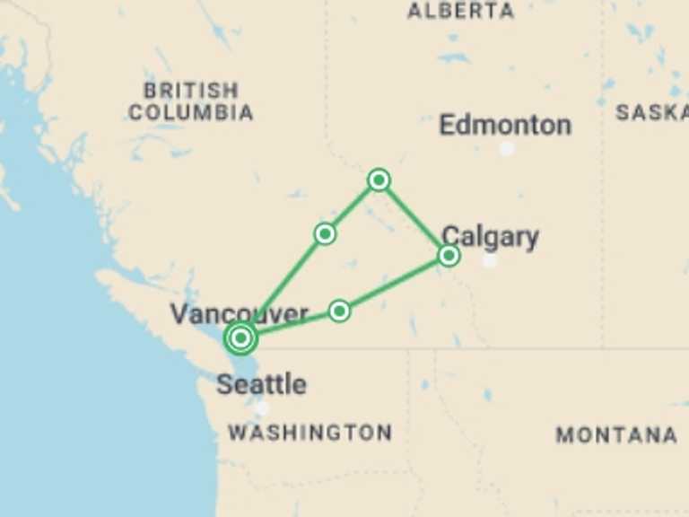 Map of 8-Day Canada Tour with 5 destination visits for the trip: Icons of Western Canada from Vancouver