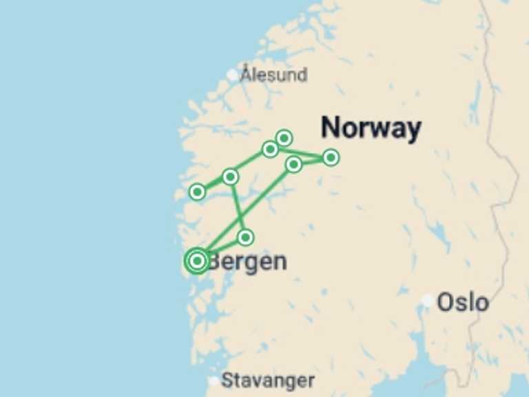 Map of Scandinavia Trekking and Hiking Tour with 7 destination visits for the trip: Walking the Fjords