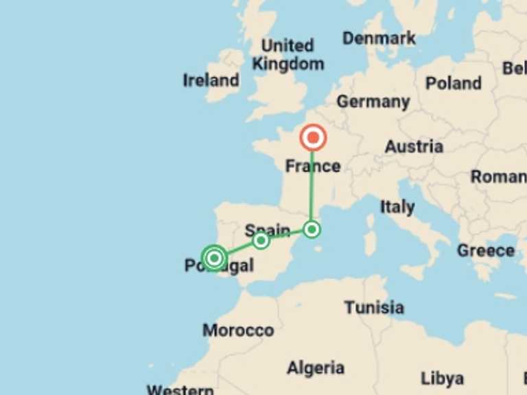 Map itinerary of Madrid Tour in July 2026 with 4 destination visits for the trip: From Lisbon to Paris
