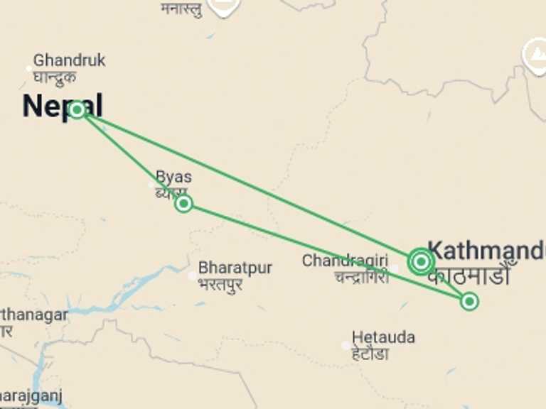 Map of Kathmandu Mountains Tour with 4 destination visits for the trip: Nepal: Mountains and Temples