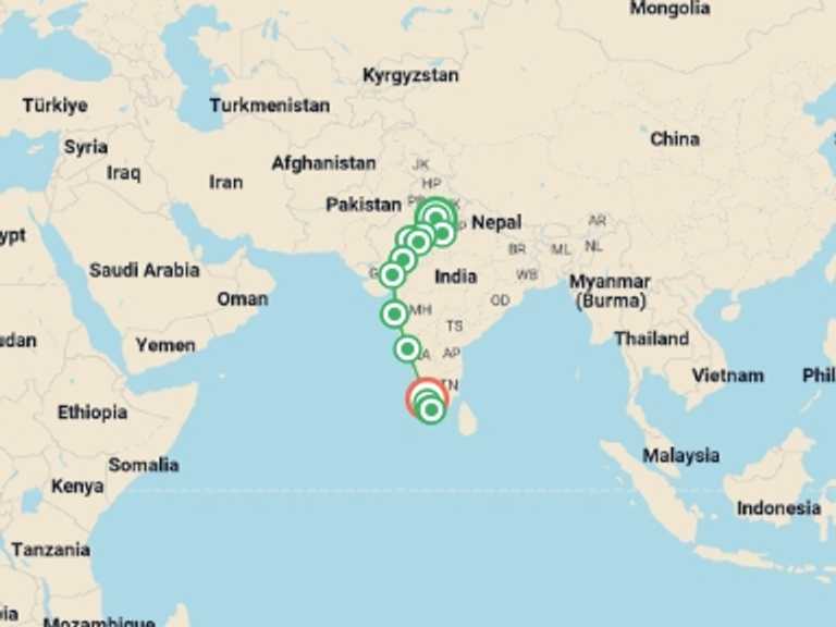 Map of India Tour with 13 destination visits for the trip: North to South India: The Taj Mahal & Goa Good Times