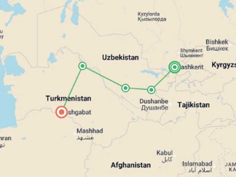 Map of Asia Tour with 5 destination visits for the trip: Signature: Uzbekistan & Turkmenistan