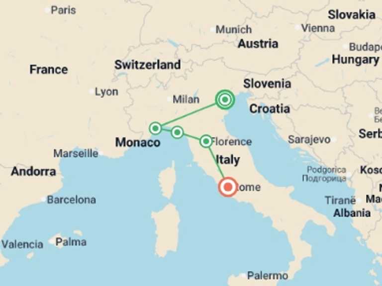 Map itinerary of Europe Tour in June 2027 with 5 destination visits for the trip: Highlights of Italy