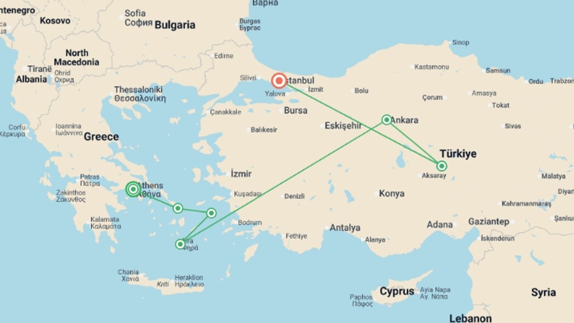 A map showing the tour itinerary for the trip: Greek Islands & Turkey Express - 11 days, starting in Athens, Greece and ending in Istanbul, Turkey going through 5 other destinations.