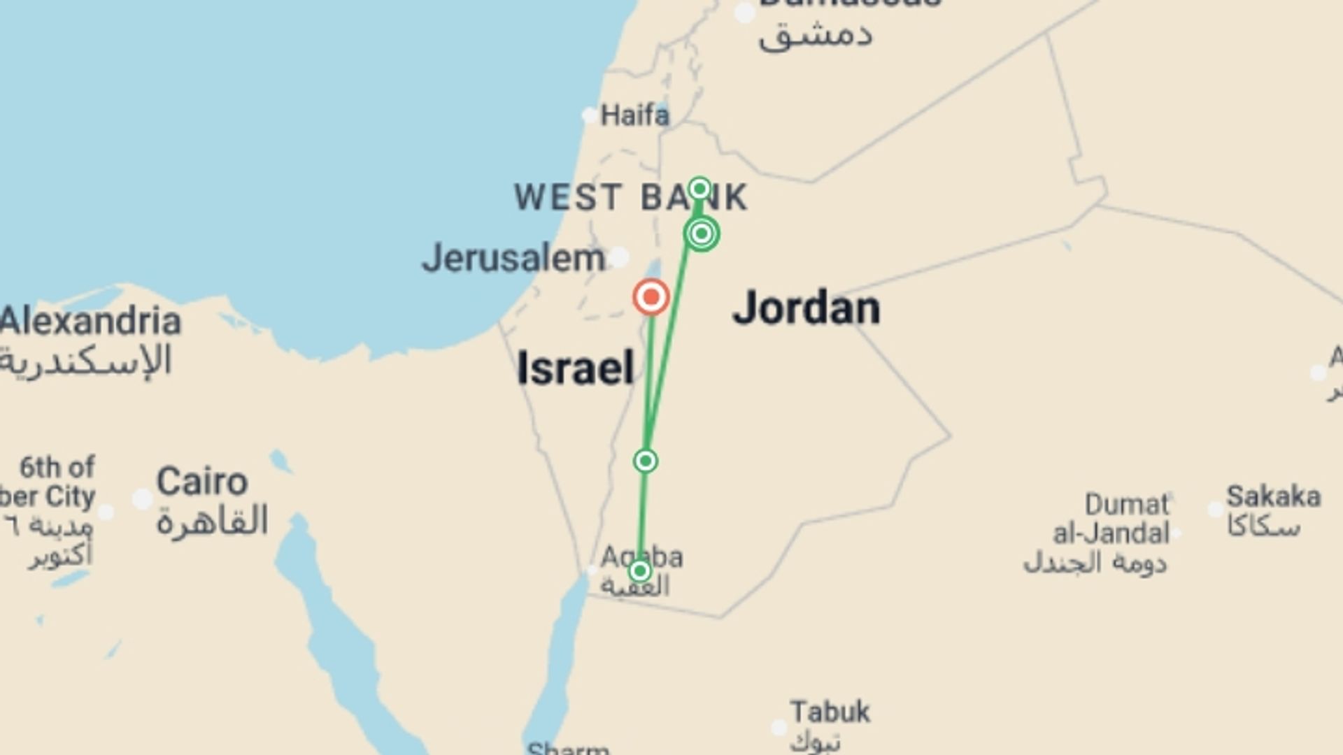 A map showing the tour itinerary for the trip: Perseids Meteor Shower - 8 days, starting in Amman, Jordan and ending in Dead Sea, Jordan going through 3 other destinations.