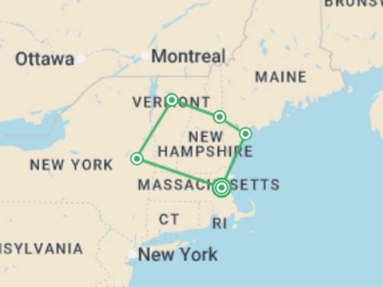 Map itinerary of Boston Tour in September 2027 with 5 destination visits for the trip: New England's Fall Foliage, a Women-Only Tour