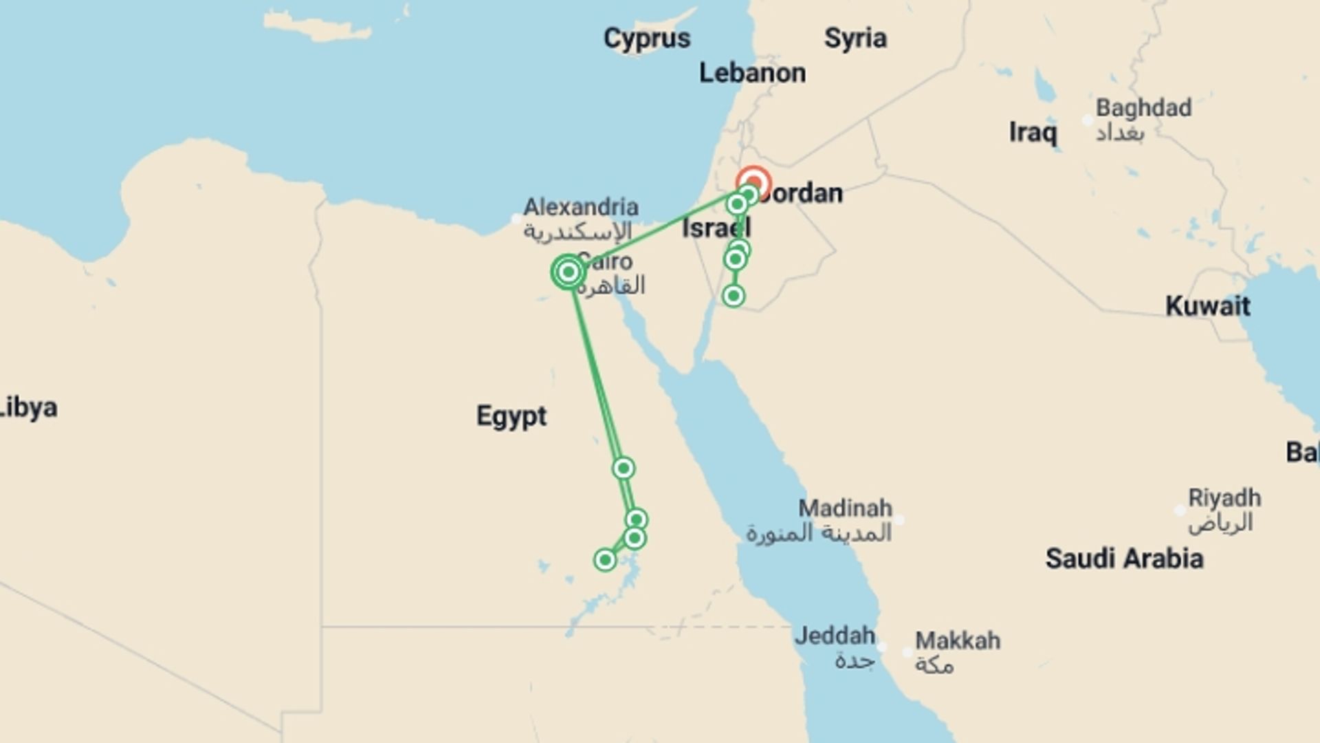 A map showing the tour itinerary for the trip: Pyramids to Petra - 15 days, starting in Cairo, Egypt and ending in Amman, Jordan going through 8 other destinations.