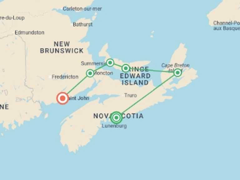 Map itinerary of Canada Tour in June 2027 with 6 destination visits for the trip: Best of the Canadian Maritimes