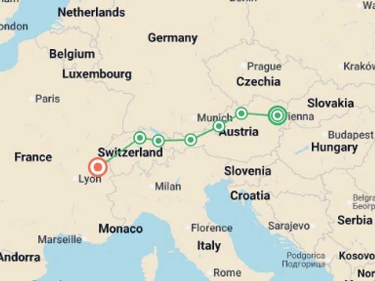 Map itinerary of Europe Tour in July 2026 with 7 destination visits for the trip: Best of Austria and Switzerland