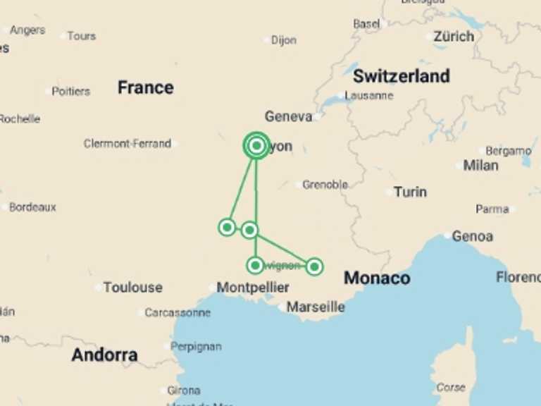 Map itinerary of Europe Tour in April 2027 with 6 destination visits for the trip: All the must-see sites on the Rhône between Lyon, Provence, and the Camargue with a dinner at Paul Bocuse's Abbaye de Collonges Restaurant OFFERED (port-to-port cruise)