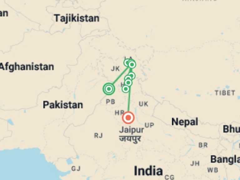 Map itinerary of Asia Tour in August 2026 with 2 destination visits for the trip: Discover India's Little Tibet and Nubra Valley