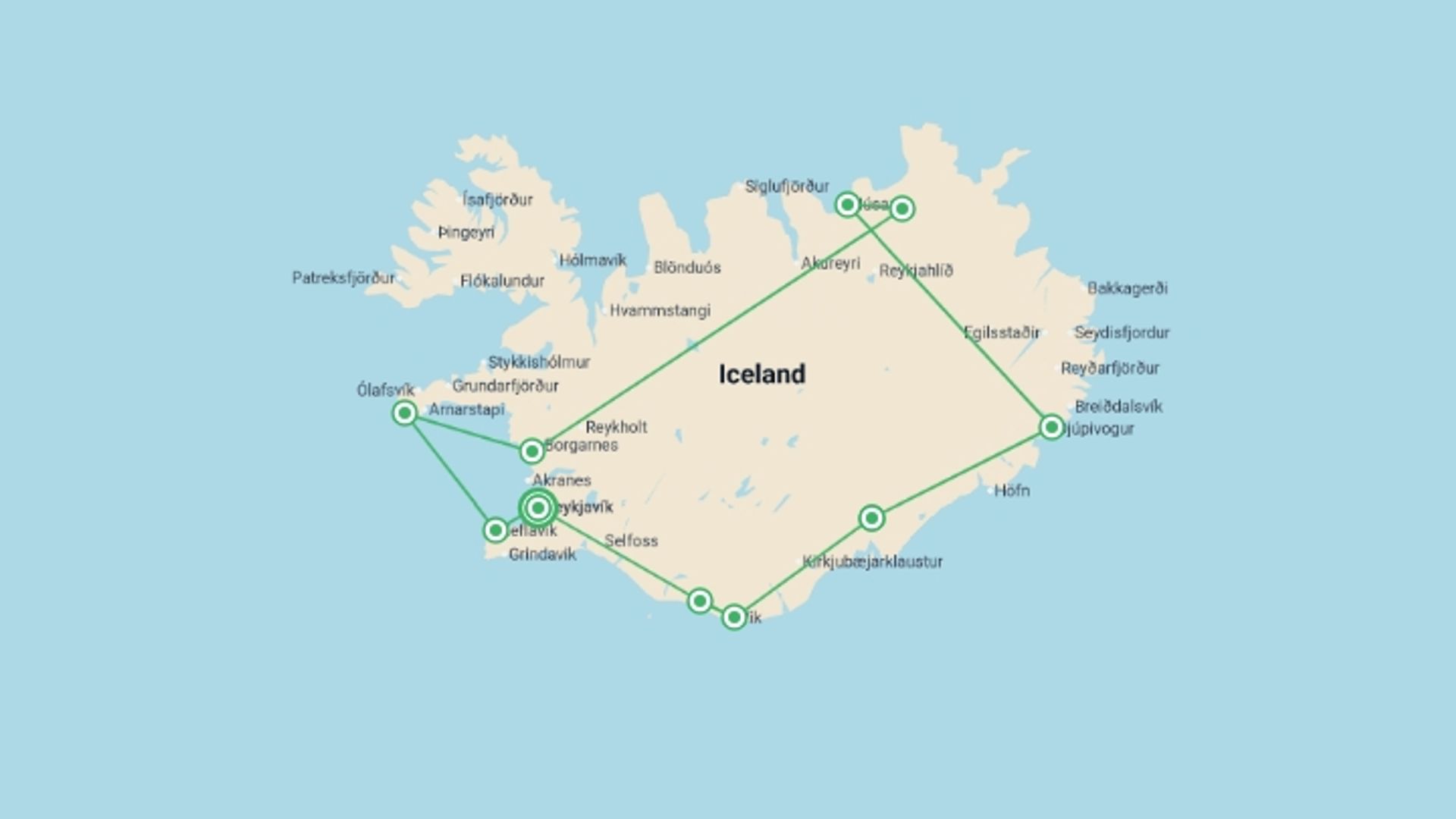 A map showing the tour itinerary for the trip: Iceland - Land of the Midnight Sun Eclipse, starting in Reykjavik, Iceland and ending in Reykjavik, Iceland going through 7 other destinations.