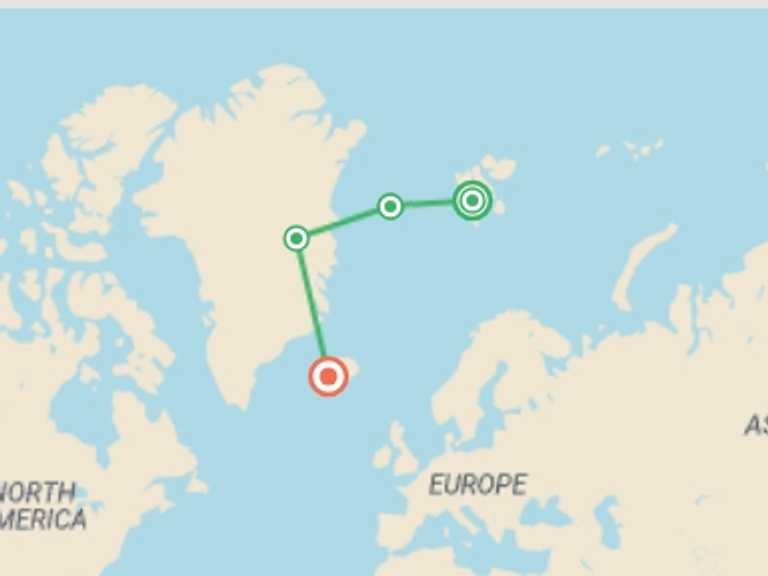 Map itinerary of Europe Tour in Fall with 4 destination visits for the trip: Arctic Highlights Southbound