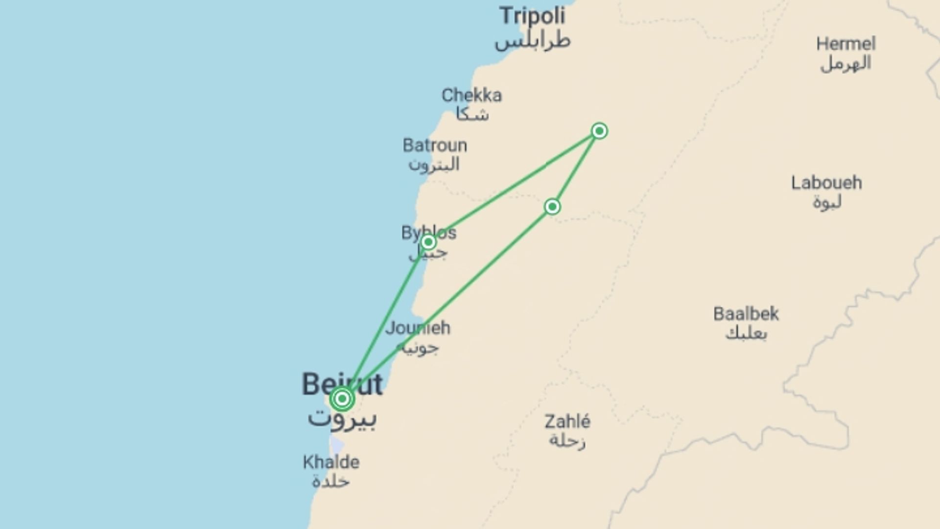 A map showing the tour itinerary for the trip: Lebanon Express, starting in Cape Town, South Africa and ending in Cape Town, South Africa going through 4 other destinations.