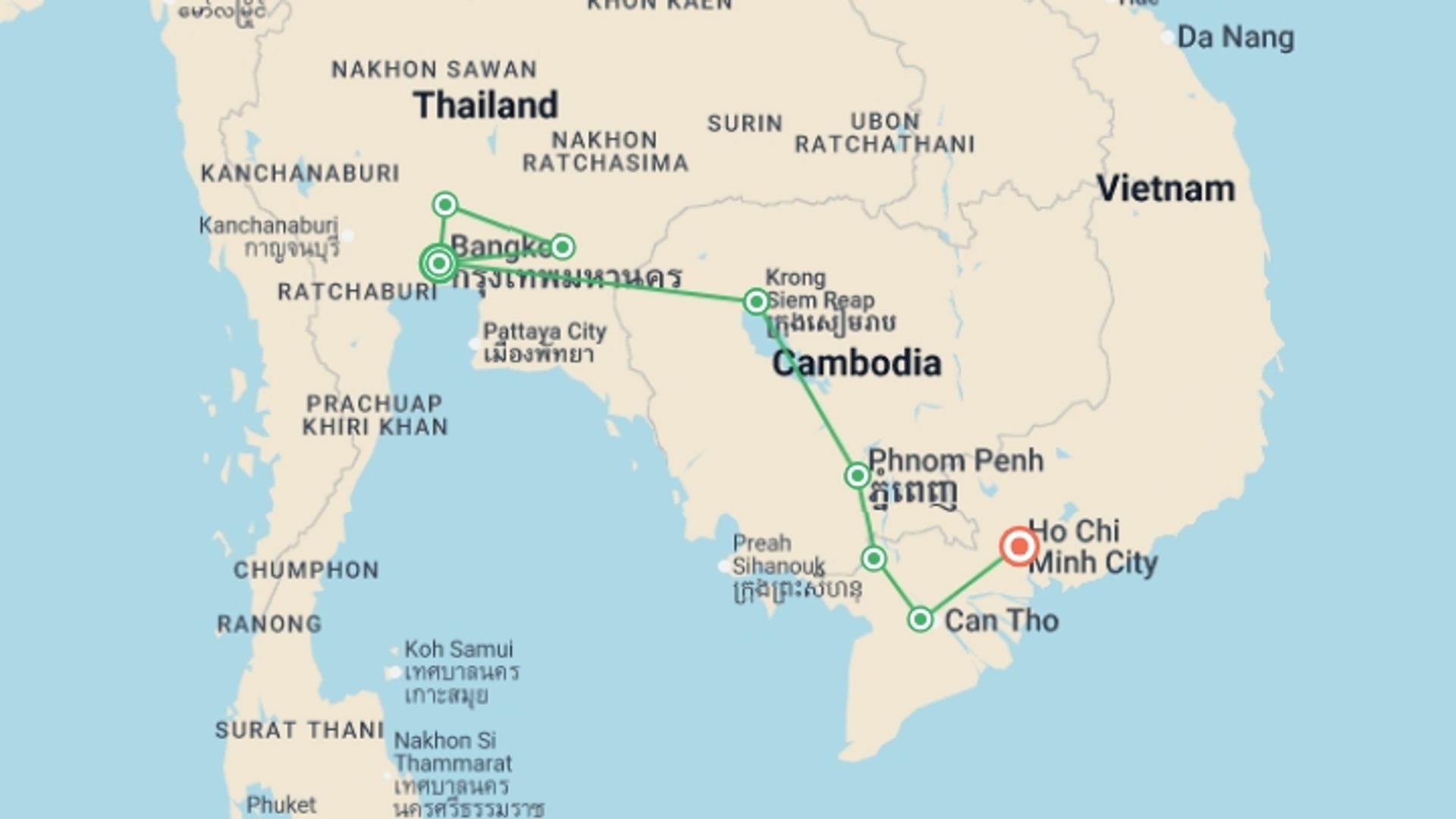 A map showing the tour itinerary for the trip: Cycle Southeast Asia – Premium Adventure, starting in Bangkok, Thailand and ending in Ho Chi Minh City, Vietnam going through 6 other destinations.