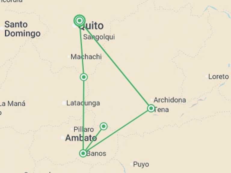 Map itinerary of Quito Tour in April 2027 with 5 destination visits for the trip: Ecuador Multisport