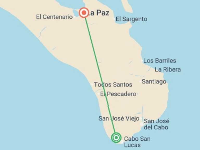 Map itinerary of La Paz Tour in Fall with 3 destination visits for the trip: Desert Drifts & Baja Beaches 7D/6N (From Los Cabos)