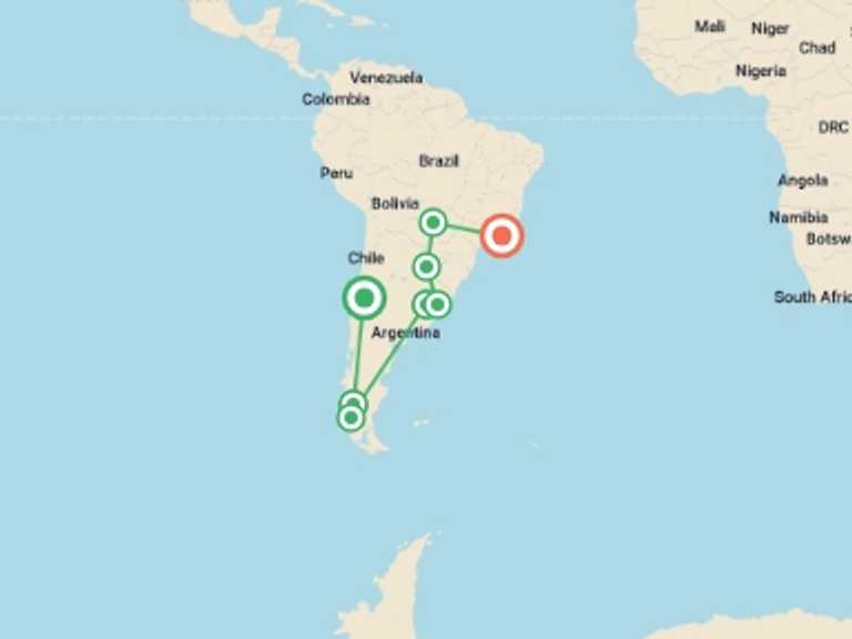 Map of a Overland Journeys Tour with 8 destination visits for the trip: Santiago To Rio (51 Days)