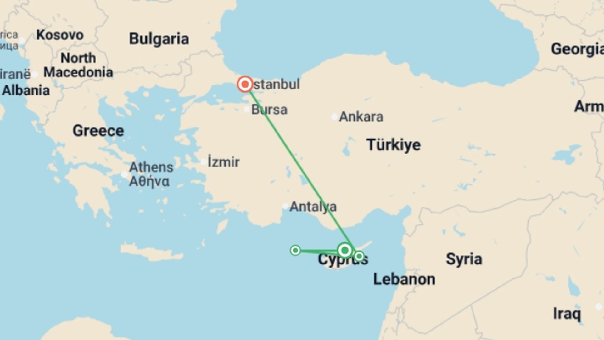 A map showing the tour itinerary for the trip: Cyprus Sun, starting in Girne, Cyprus and ending in Istanbul, Turkey going through 3 other destinations.